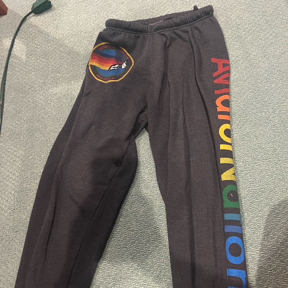 charcoal grey aviator nation sweatpants with logo down the side size small